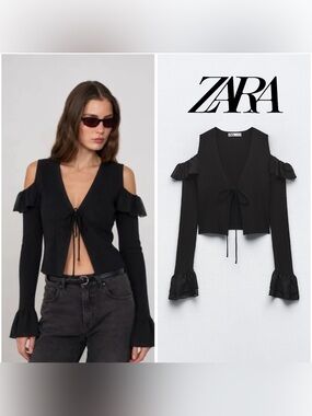 ZARA Black Ribbed Cold-Shoulder Tie-Front Crop Top bloggeres favorite